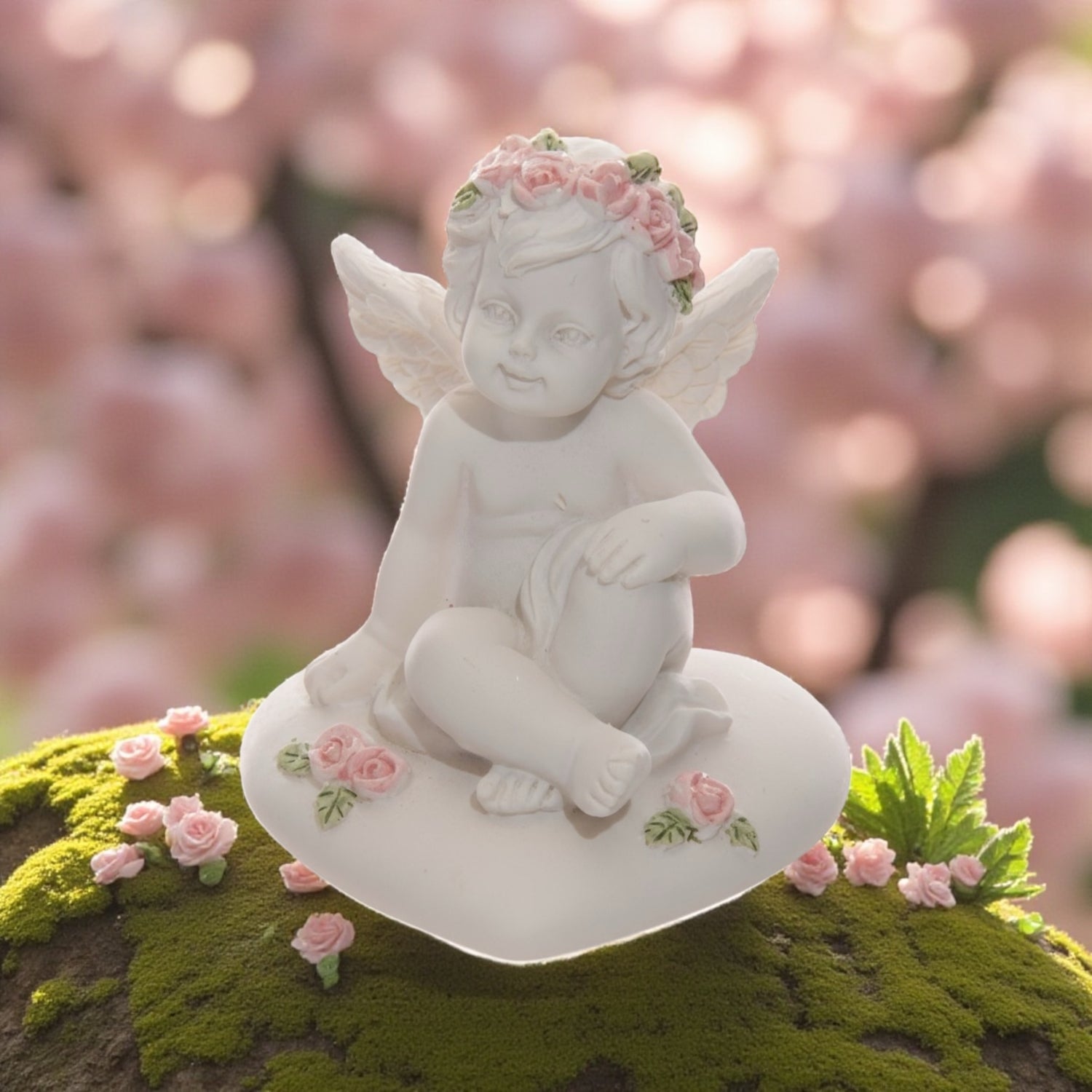 Cherubino Seduto con Rose Rosa – Statuetta in Resina | 4 stili