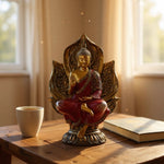 Statua Buddha Thailandese Seduto sul Fiore di Loto | Oro e Rosso