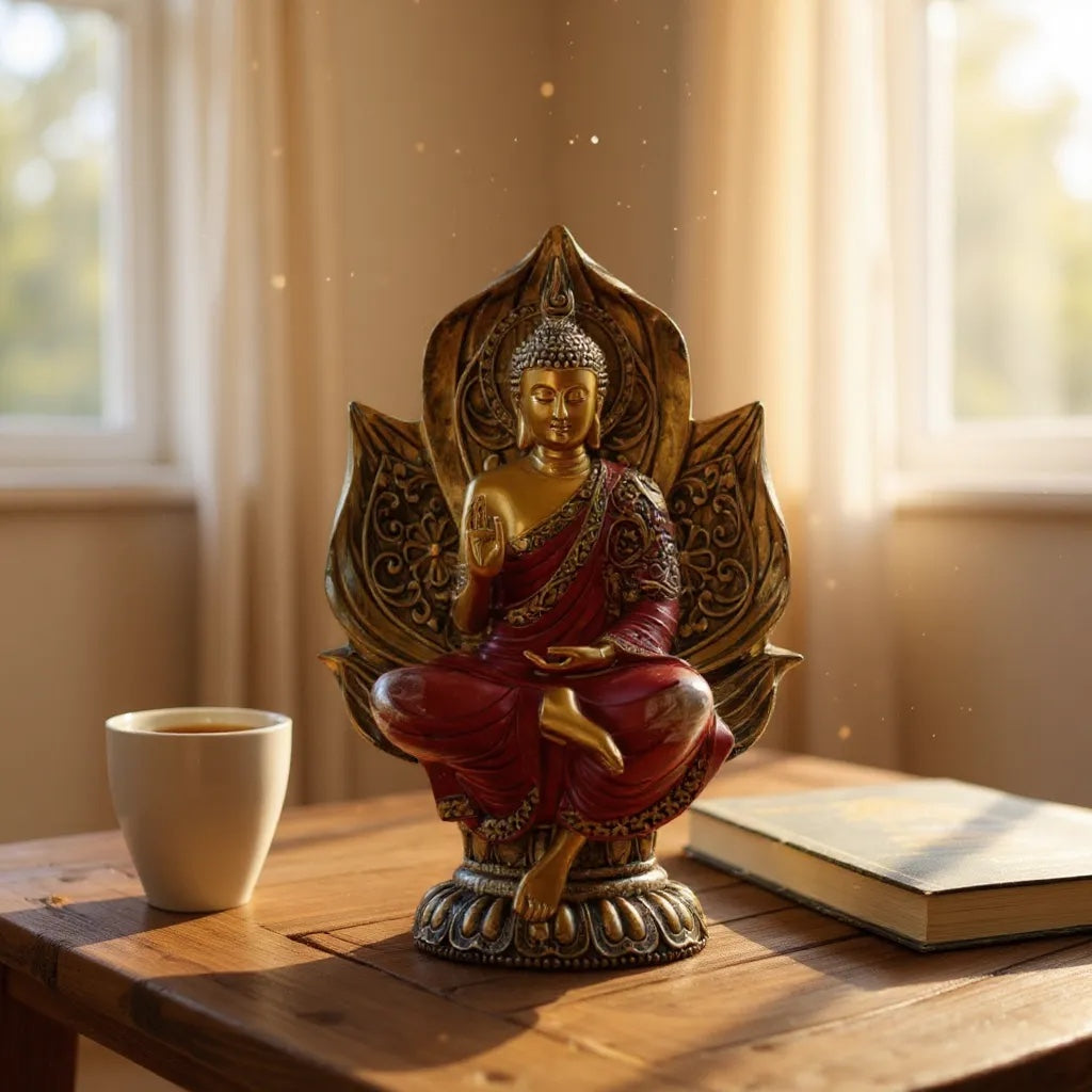 Statua Buddha Thailandese Seduto sul Fiore di Loto | Oro e Rosso