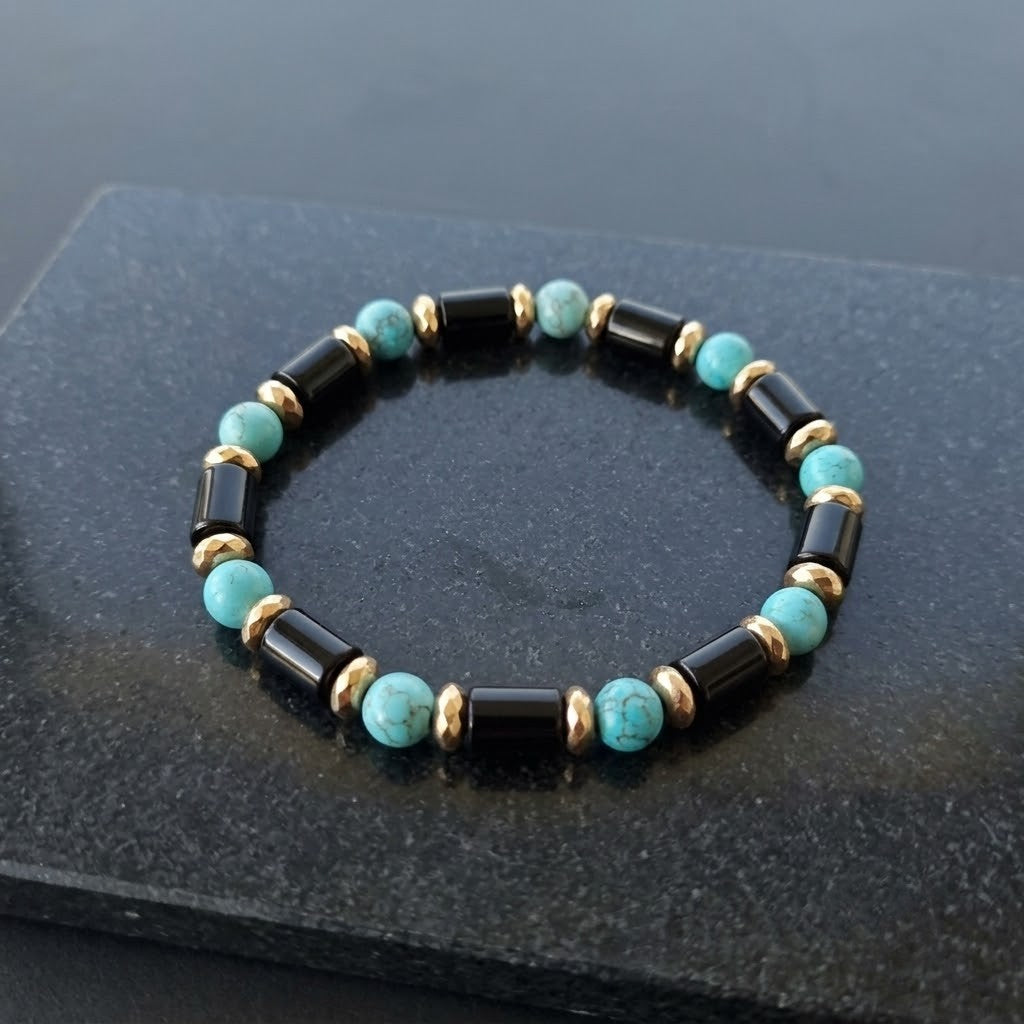 Braccialetto con Onice Nero e Howlite Turchese | Equilibrio Comunicativo - Protezione e Radicamento - Contro Ansia e Stress