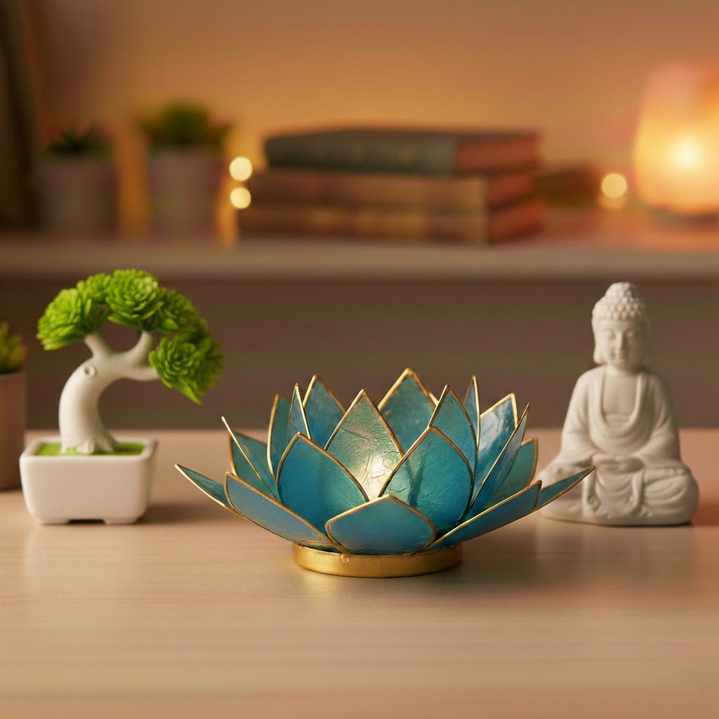 Loto Illuminazione d’Atmosfera in Conchiglia Capiz | Azzurro con Bordo Oro