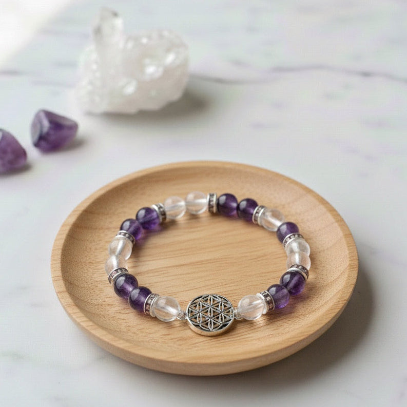 Braccialetto con Cristallo di Rocca e Ametista - Fiore della Vita | Antistress - Purificazione Energetica - Chiarezza Mentale