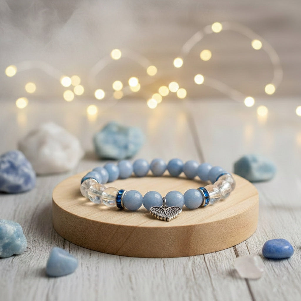 Braccialetto con Angelite e Cristallo di Rocca - Cuore d’Angelo | Pace & Equilibrio - Comunicazione - Chiarezza Mentale