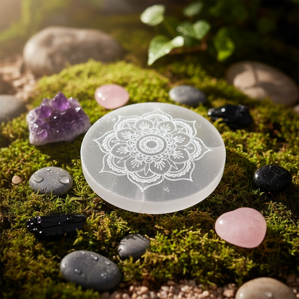 Piatto di Ricarica in Selenite - 10 cm | Lotus - Mandala