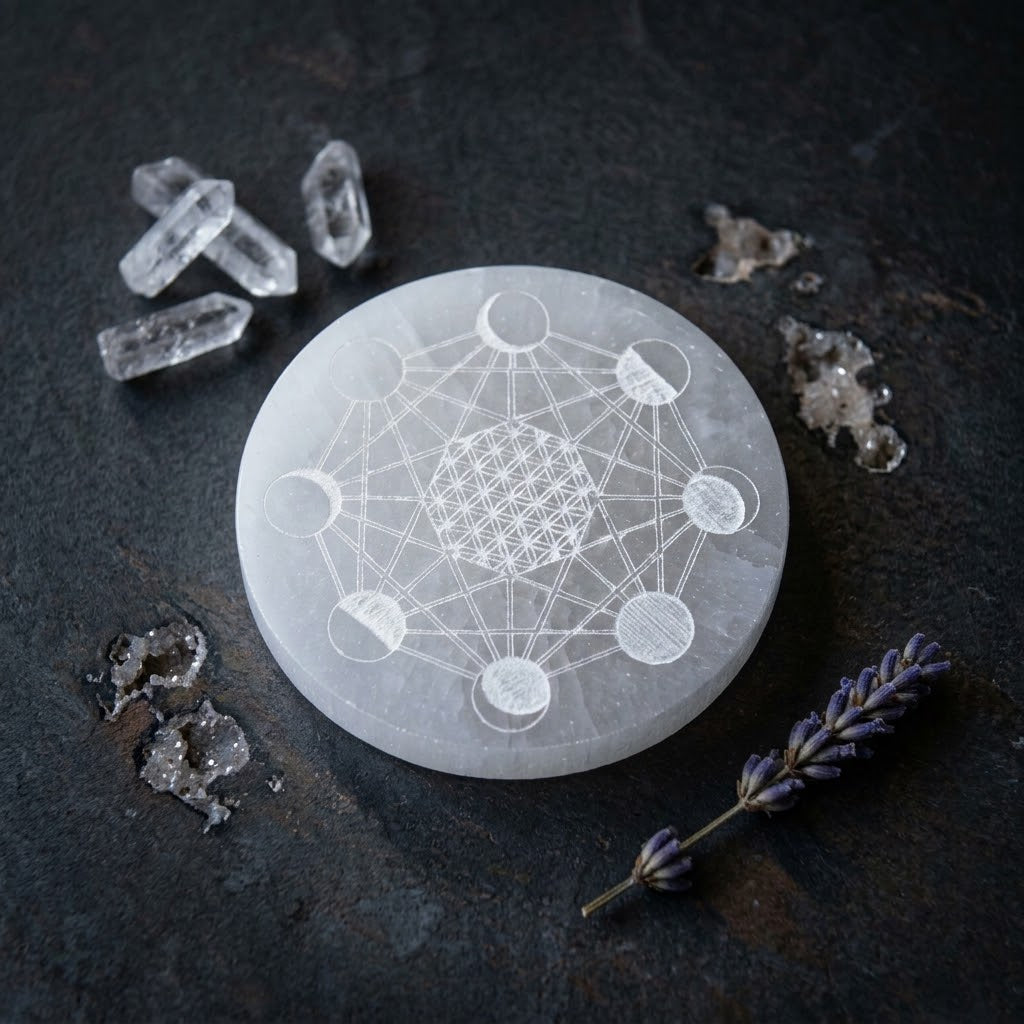 Piatto di Ricarica in Selenite - 10 cm | Fasi Lunari