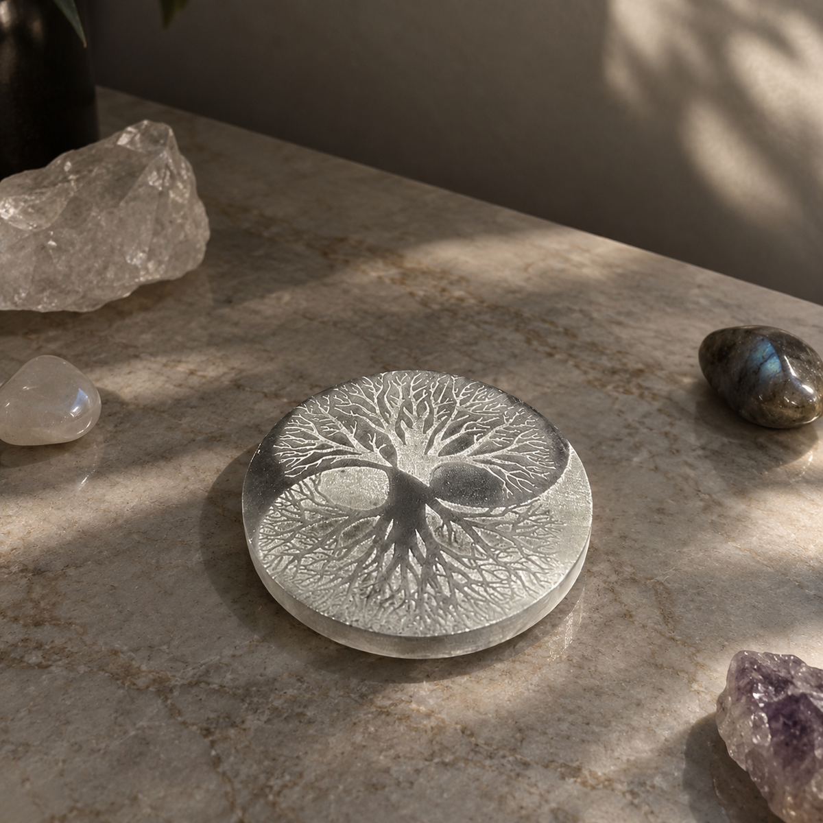 Piatto di Ricarica in Selenite - 10 cm | Albero della Vita