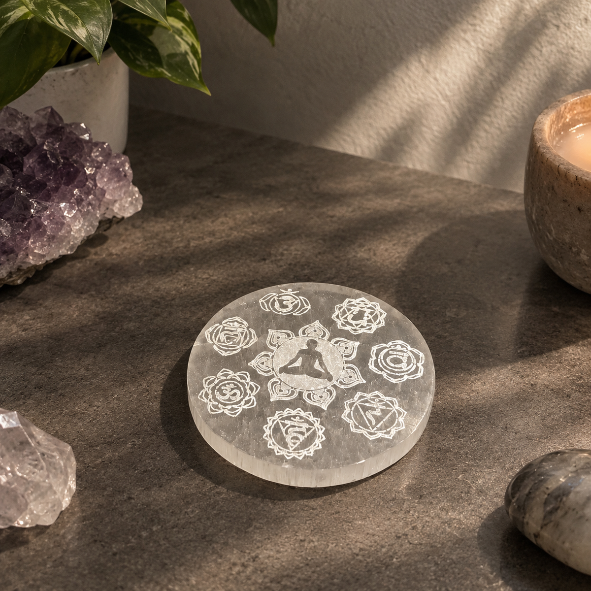 Piatto di Ricarica in Selenite - 10 cm |  7 Chakra con Buddha