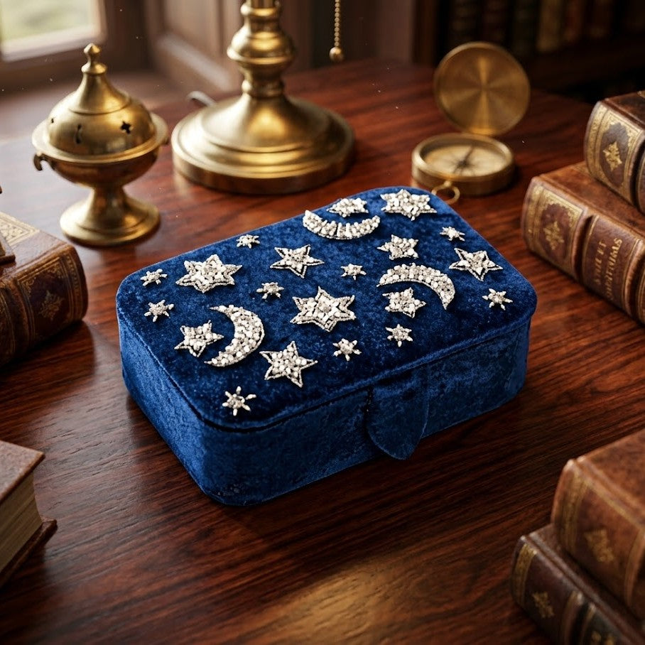 Scatola porta Gioielli in Velluto Blu | Luna e Stelle